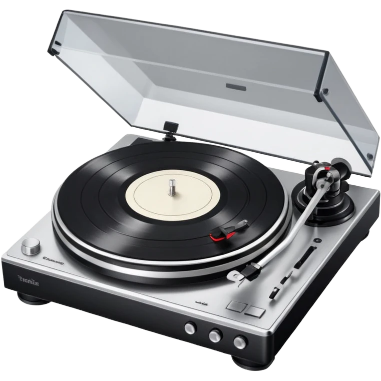 Technics turntable, perfect and clean, smooth waxy surface, realistic platter and tonearm details, silver and black emoji