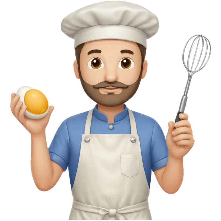 Middle aged male pastry chef - with a small beard, apron, white hat, holding an egg beater in his right hand, and his left hand naturally hanging down to his side emoji