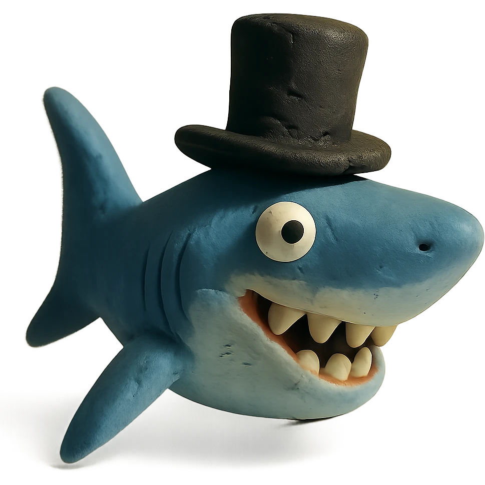 claymation style shark wearing a top hat emoji