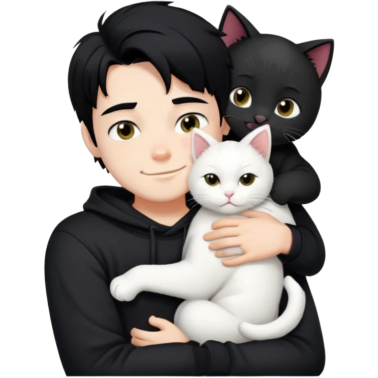 A bad boy with black hair wearing a sweatshirt happily hugs a white cat emoji