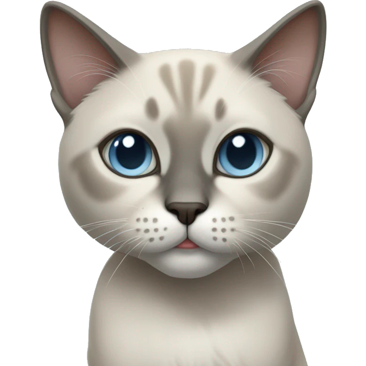 Thai breed cat with a light cream body, dark gray face, ears, and paws. Short fur, sharp ears, and striking light blue eyes with an intense gaze. emoji