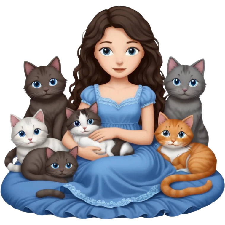 detailed realistic looking a dark grey and white cat regally laying with six other cats, cuddling with their owner in bed who is a pretty bratz lightly tanned white girl with long dark brown hair, blue eyes and gorgeous long wavy hair wearing a pretty detailed dress emoji