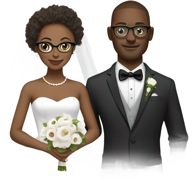 African-American groom with goat tee and white brunette wife both wearing glasses emoji
