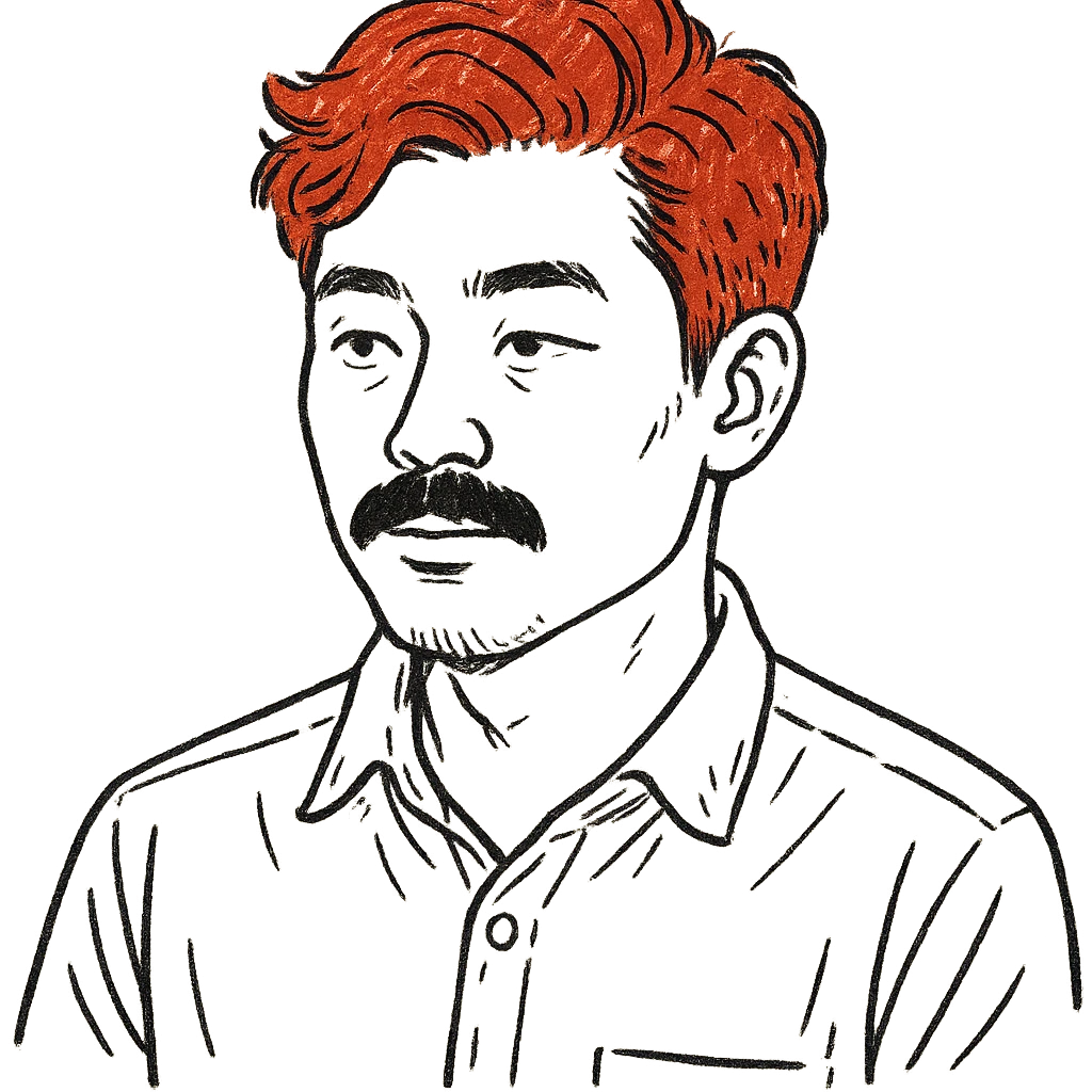 Asian man with black mustache and red hair, hand-drawn outlined style emoji