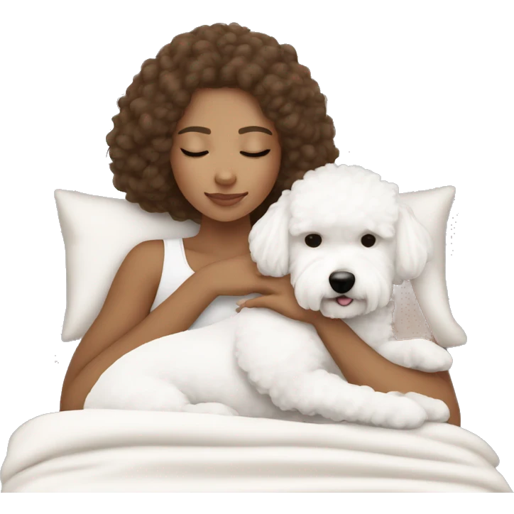 White girl brown hair sleeping with Mini Bichon emoji