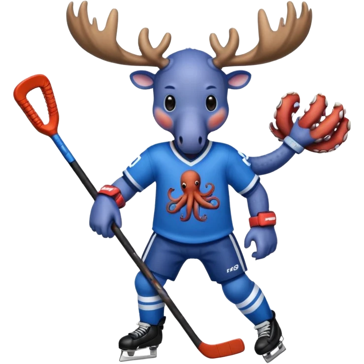 Moose playing hockey with blue jersey that has octopus on it emoji