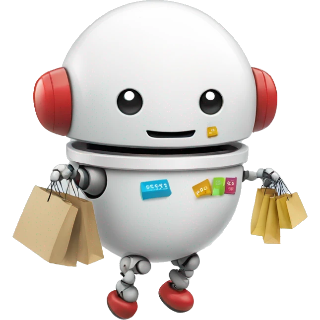 cute white floating spherical happy robot with floating shopping bags emoji