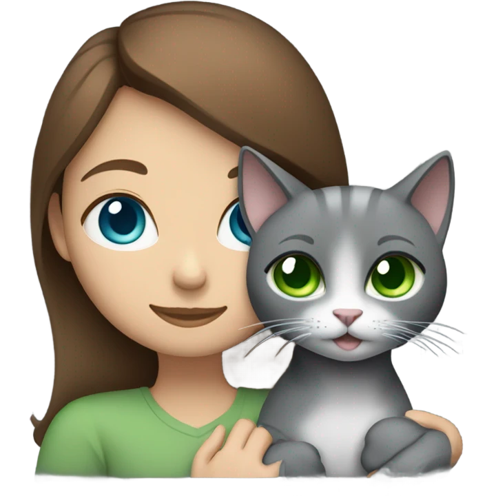 A brown-haired girl with blue eyes is hugging a gray cat with green eyes. emoji