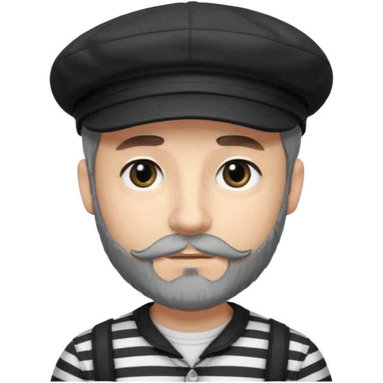 White Man with a dark grey beard and a black newsboy cap. He is wearing a black and white striped shirt. He has dark black eyeliner  emoji