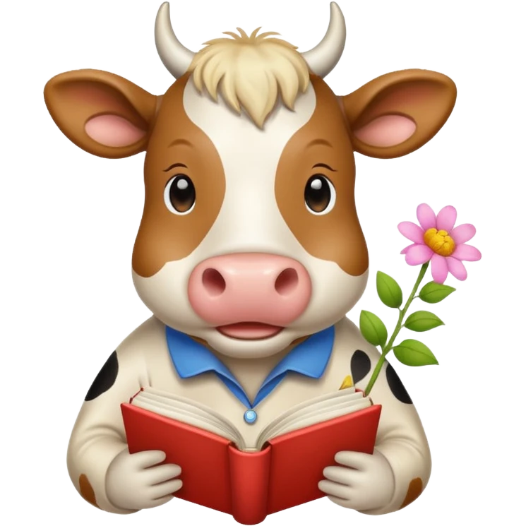 Beige Cow + books + flower  emoji