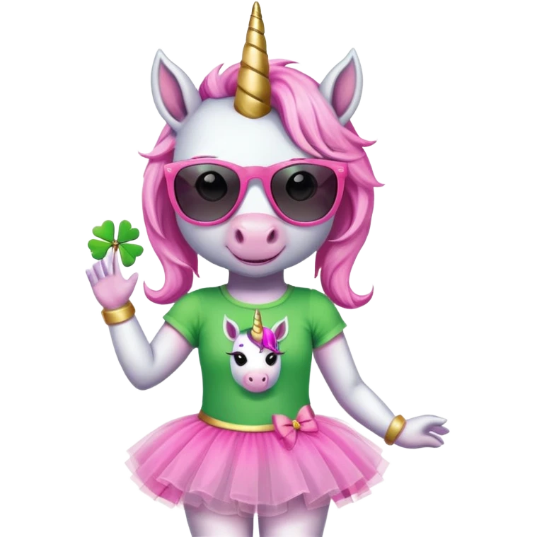 friendly anthropomorphised female unicorn with horse-like face, in tutu and pink t-shirt, wearing dark sunglasses, holding a shamrock or wearing a green accessory for St. Patrick's Day emoji