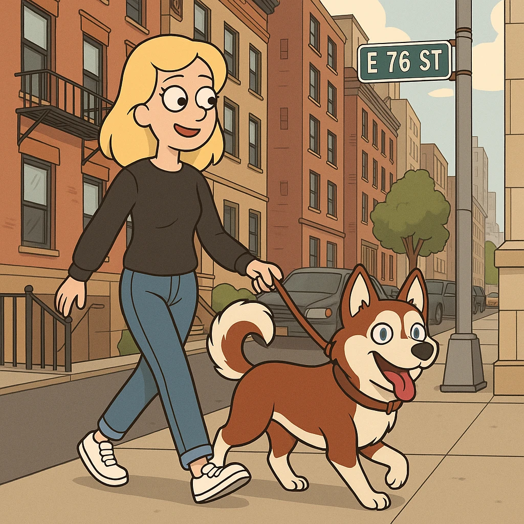 Cute Blonde woman wearing a black sweater and jeans and white sneakers walking a happy red-brown blue-eyed Siberian husky in New York City on an upper east side city sidewalk  emoji