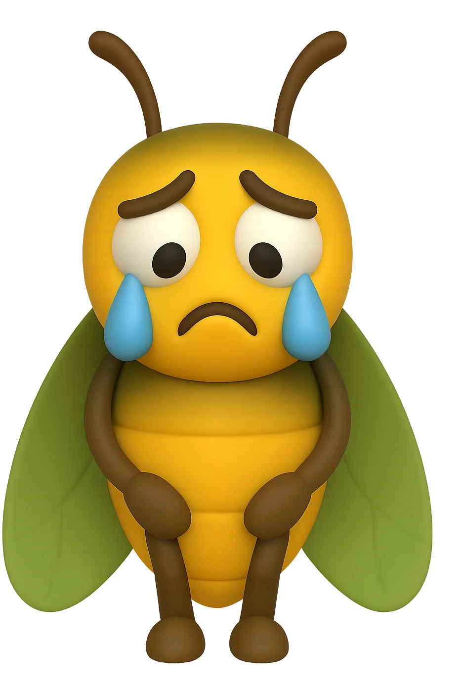 EMOJI STILE IPHONE 3D DI una cicala triste che si tocca le cosce e piange perché non le piace il suo fisico, posa frontale, fagli gli occhi bianchi , non solo la pupilla emoji