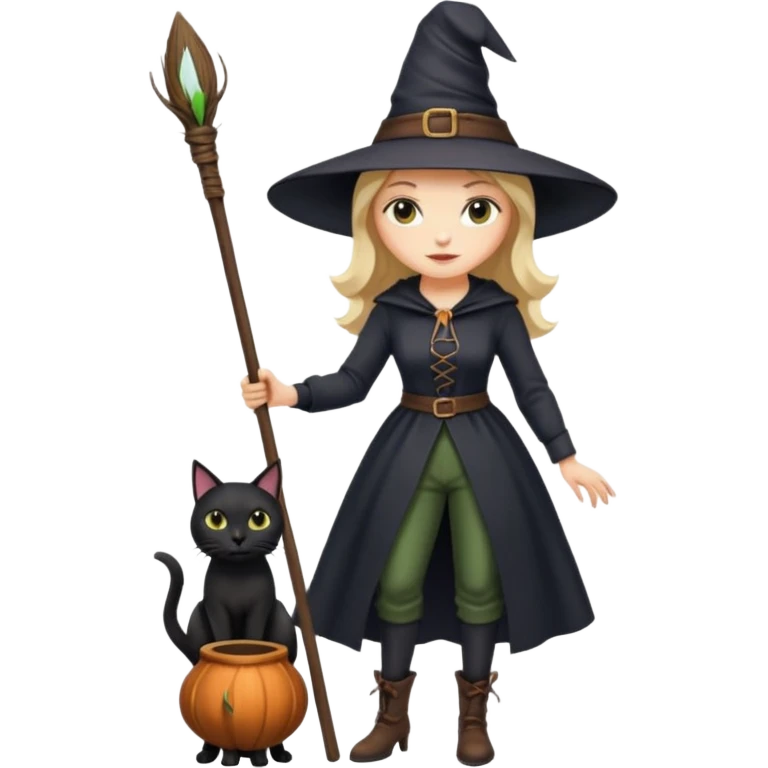a witch with a hat and a broomstick and a black cat emoji