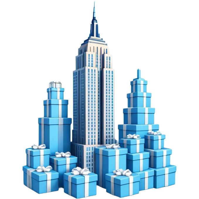 light blue Empire State Building with boxes stacked around, lively emoji