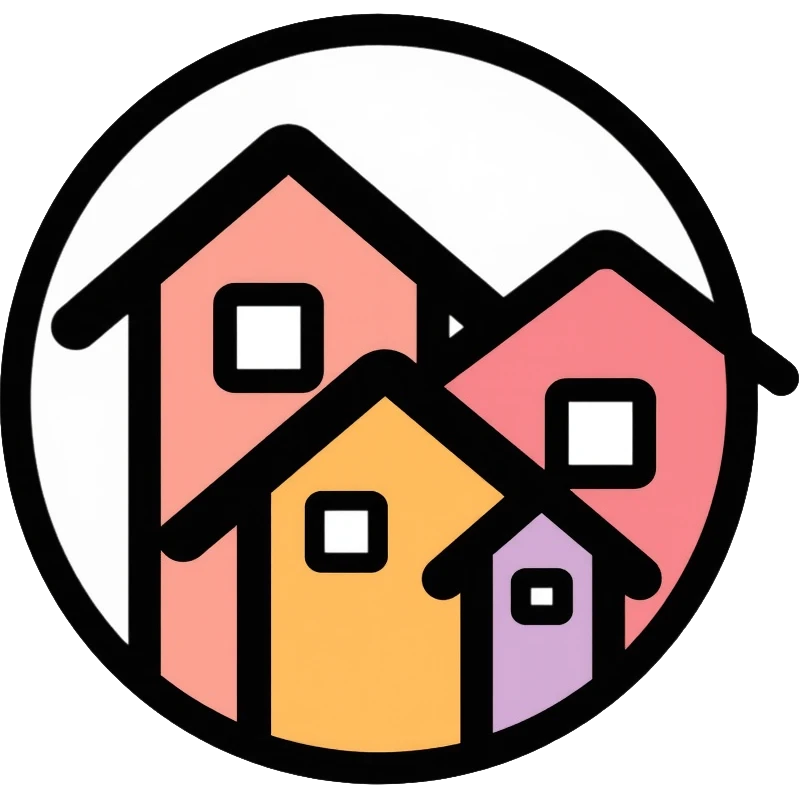 Community of houses in a circle, minimalist homelessness support logo emoji