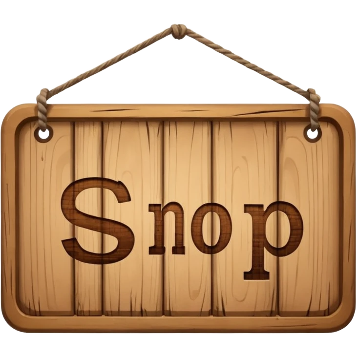 wooden shop sign hanging by two strings, emoji