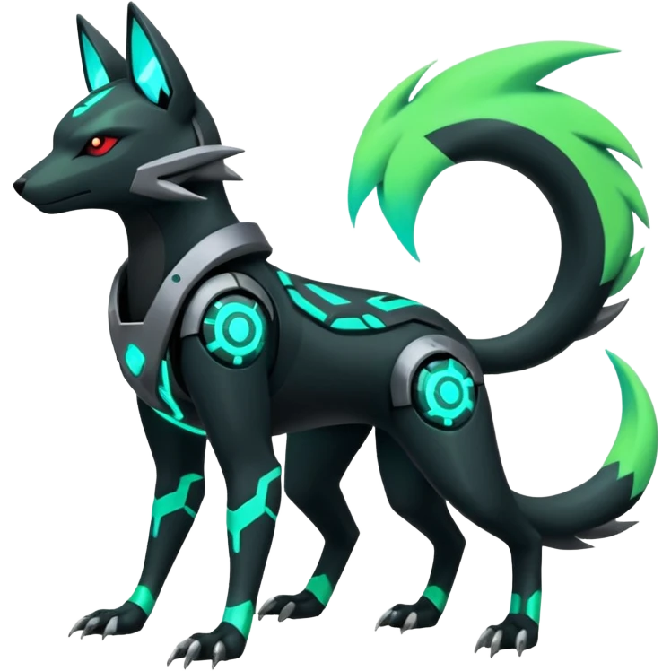 Black and green cyberpunk intricate neon glowing grey white futuristic cyborg-Zeraora-Zoroark-Umbreon-Litten-Salandit-fusion (full body) emoji
