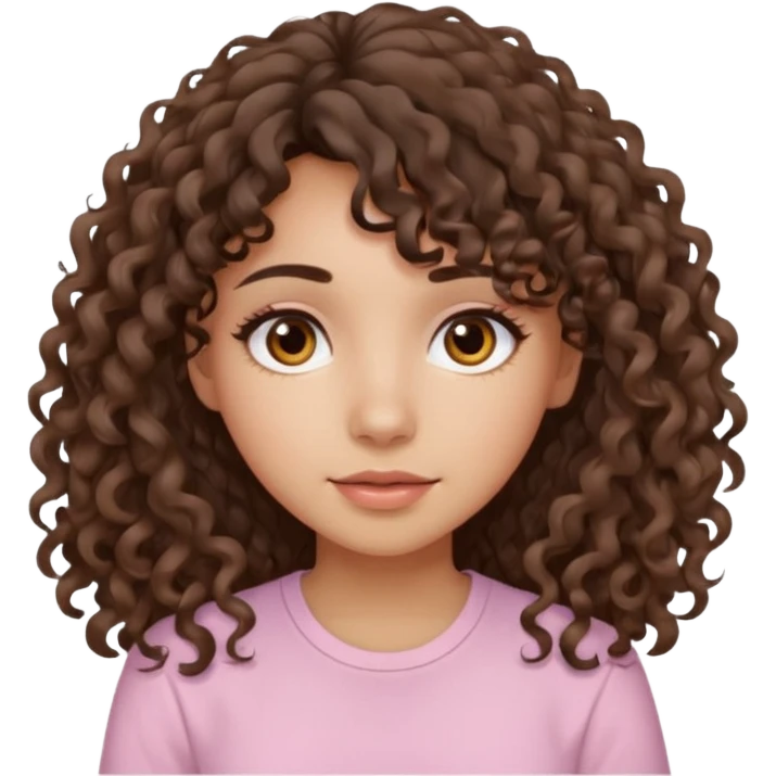 A Latina girl with brown eyes and long loose curly hair with curly bangs with a light pink shirt emoji