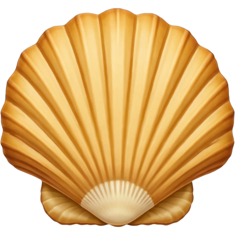 A madeleine pastry. Scalloped seashell shape with four to five vertical lines going in the same direction. Light golden brown. Scalloped edge. Cookie. Flat. Long. Oval shape emoji