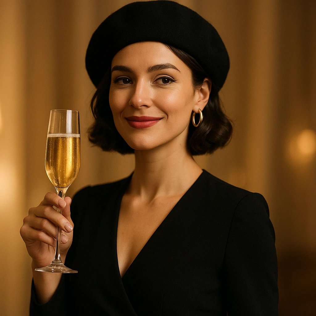 A woman wearing a beret holding a glass of champagne emoji