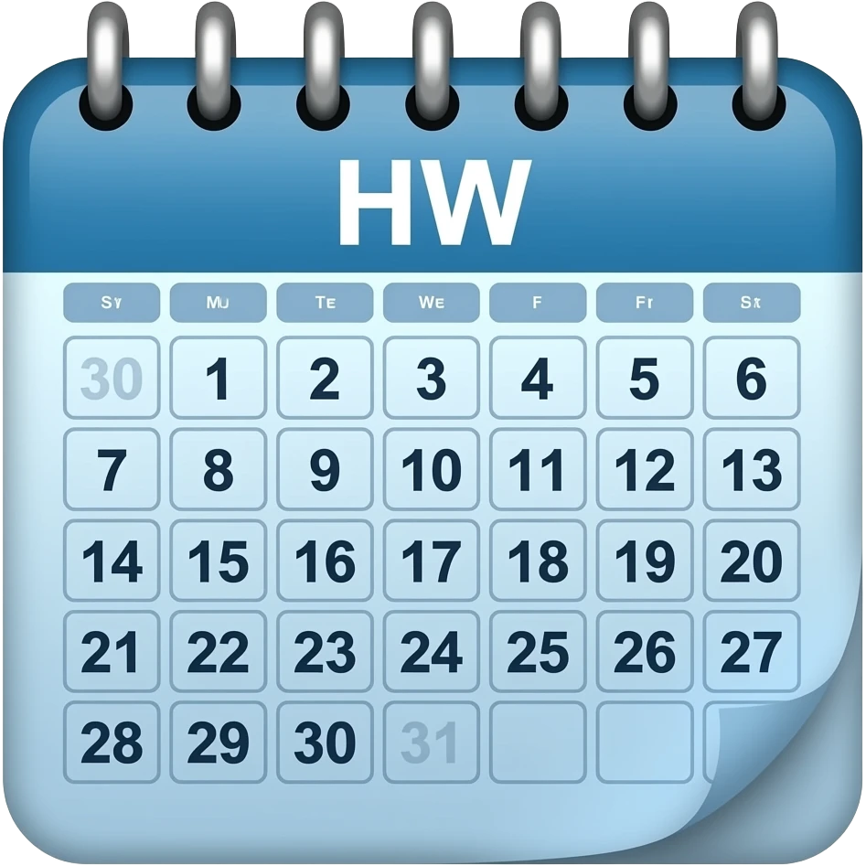 blue calendar with HW as the title showing a month emoji