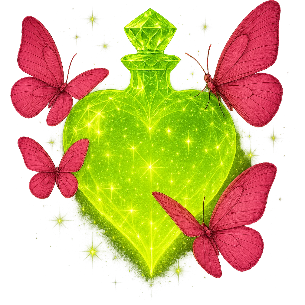 Make the neck of the bottle more crystal-like, elegant, and luxurious with faceted details to match the diamond heart shape. Keep everything else the same: strong glow, #c0ff53 liquid, pink butterflies, magical dust, and transparent background. The style should match the original image's magical and glowing aesthetic. emoji