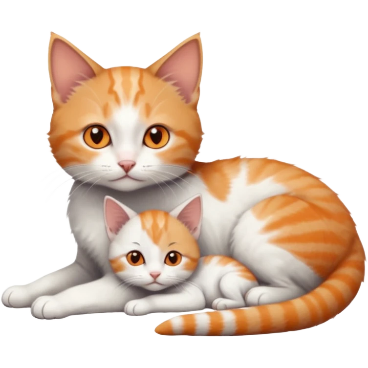 full body of very small + skinny ginger and white kitten with deep orange eyes and triangular shaped face lying down cuddling a grey and white kitten who is a bit bigger than him emoji