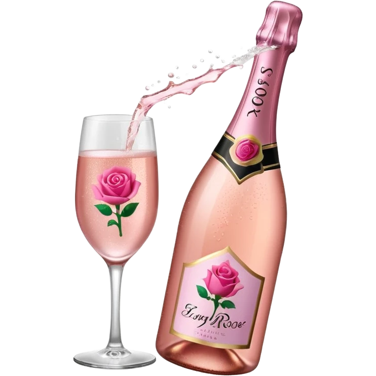 bottle of sparkling rose champagne tilted up and to the right, with a rose logo emoji