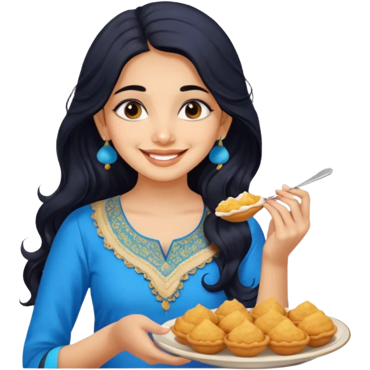 a pretty indian bratz girl with wavy long black hair. eyeliner on, wearing a blue kurti, eating golgappa emoji
