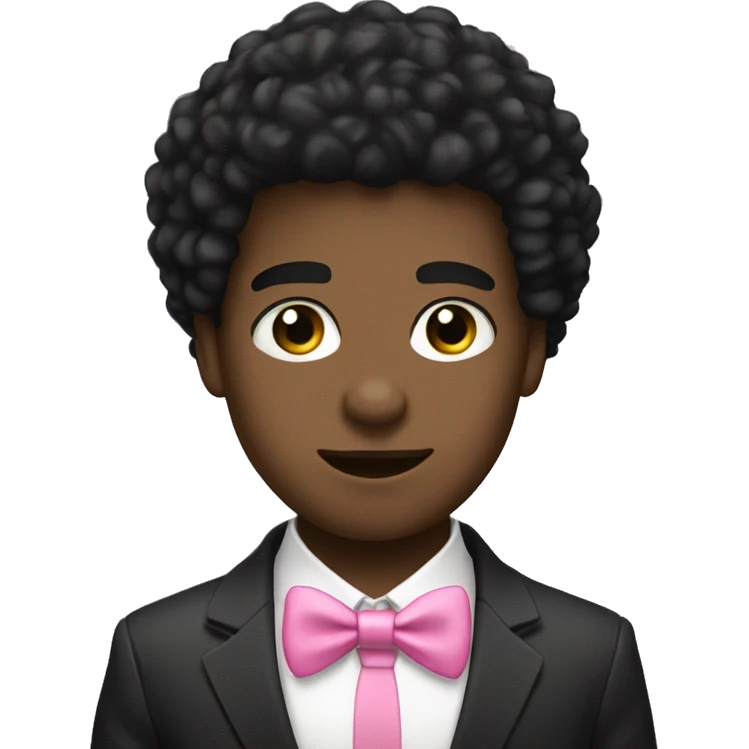 A black twink with an afro mullet in a suit, cute face, a pink bow tie emoji