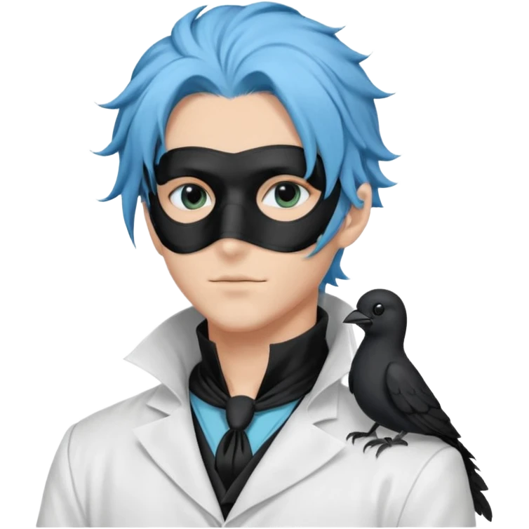 Handsome sexy adult anime man with light-blue hair and a black bird beak mask that covers whole face, black face mask, black mouth mask, black feathers draped over shoulder, wearing a white lab coat, long thin hair tendrils on the sides, blue cravat emoji