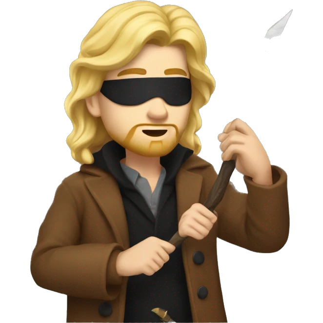 A young man with long blonde hair like waterfall, long blonde beard, red left eye, black right eyepatch, wearing a brown animal coat and holding a golden awl. emoji