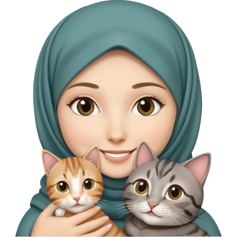 White girl wearing hijab holding a black grey tabby cat while smiling emoji