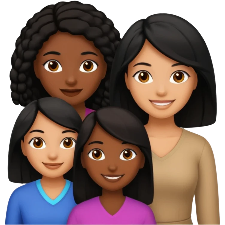 a group of 3 women, one is black, one is asian, one is indian, they all have black hair emoji