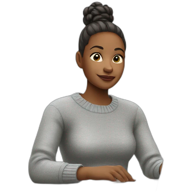 Woman with short ponytail and gray sweater sitting at table with Apple laptop emoji