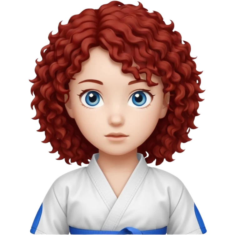 generate a young girl with dark red curly hair, blue eyes. in a white karate outfit  emoji