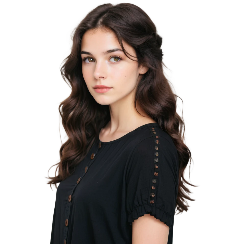 27 year old Caucasian woman with fair skin, brown eyes, long wavy dark brown hair, wearing a black top with a button emoji