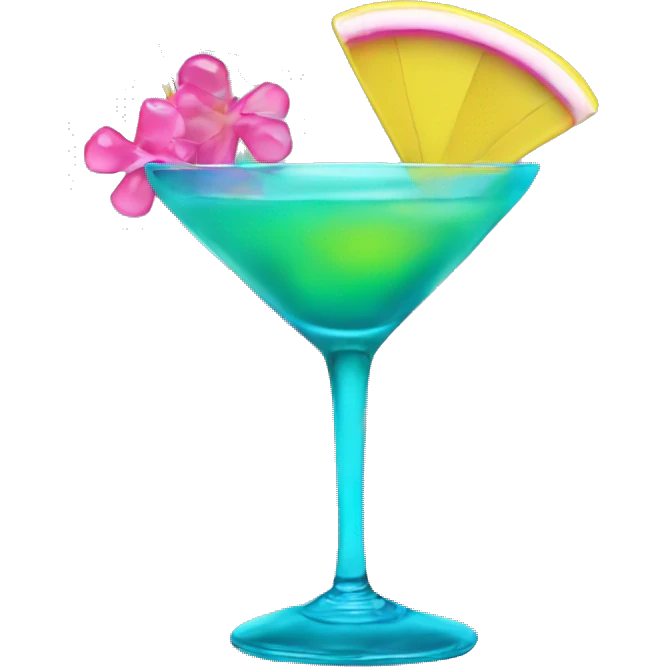 Bluish green cocktail with pink and yellow emoji