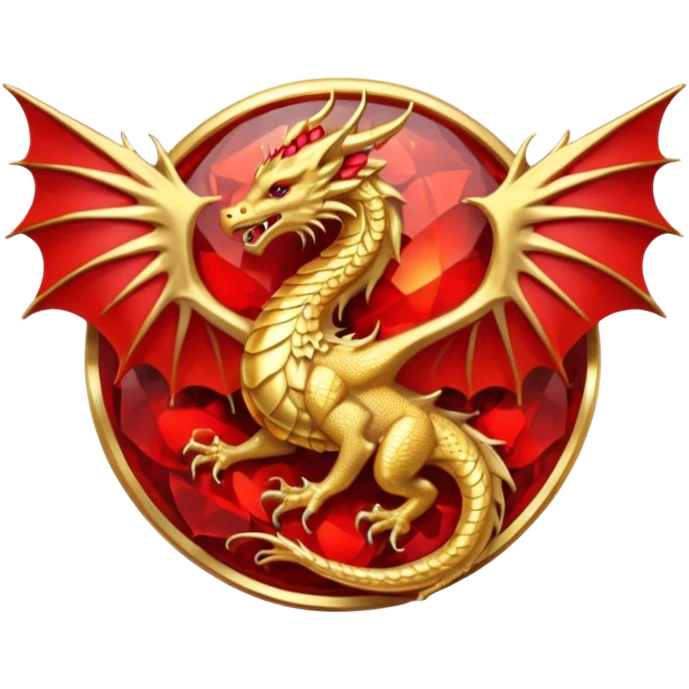 Golden Dragon with golden wings golden crest/brosch in a golden circle with red gems emoji