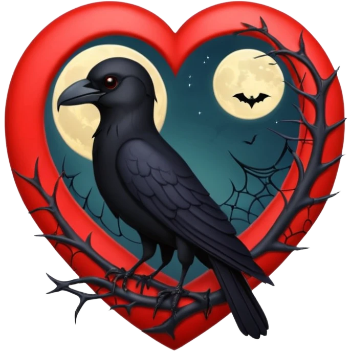 red heart with a black raven, moon, and spiderweb, dark romance emoji