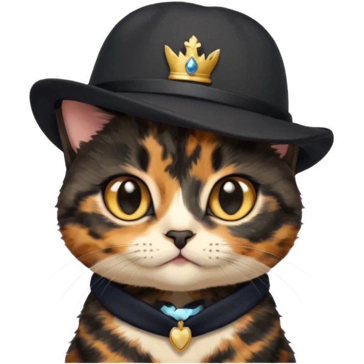 Cute mostly black tortoiseshell kitten wearing a british hat, golden eyes emoji