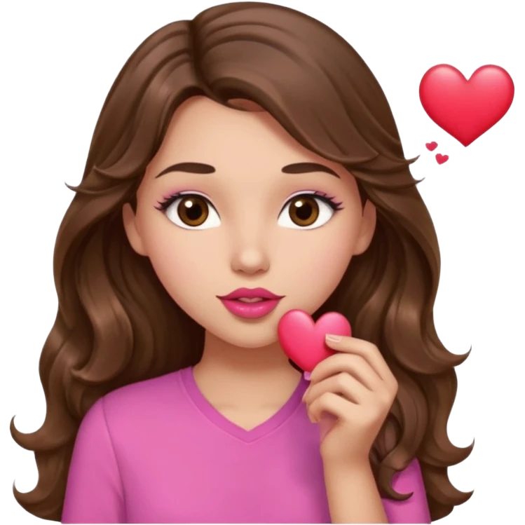 girl with long wavy brown hair, brown eyes, light to medium complexion, in a pink shirt, pink lips, long lashes, puckering up for a kiss, kiss lips and big heart in hand emoji