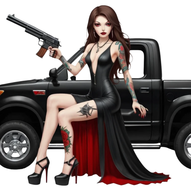 Lilith symbol red eye seductress evil long brown haired sexy succubus woman with leather long dress with slit, sitting in Big Large F350 pickup truck. Black Platform high heels on feet. Tattoo sleeve arms, seat full of stacks of cash, and a man dead human skull of her enemies and a gun in other hand emoji