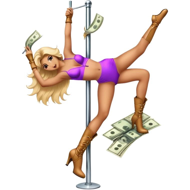  pole dancer on pole, wearing pleaser bootie, pole dancing boots, with money flying in the hair emoji