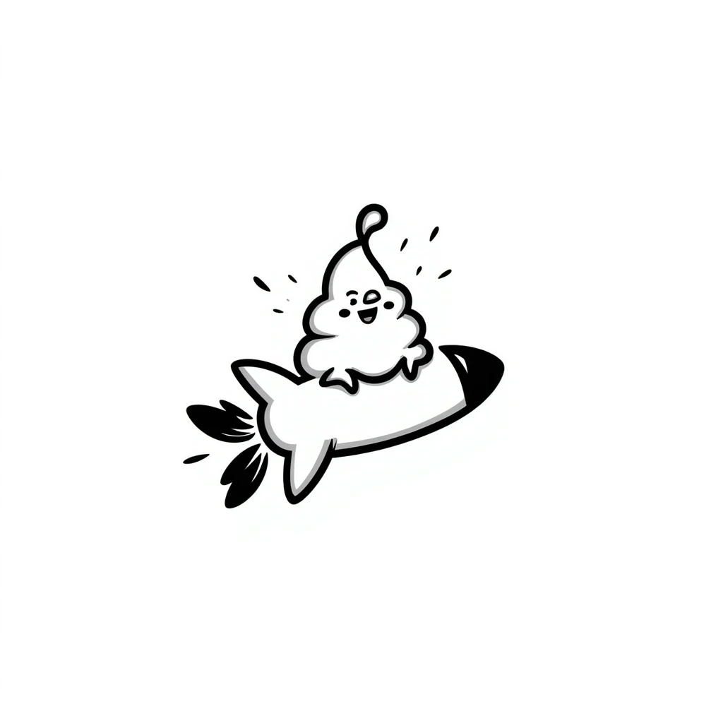 hand-drawn doodle of a turd with lipstick riding a rocket emoji