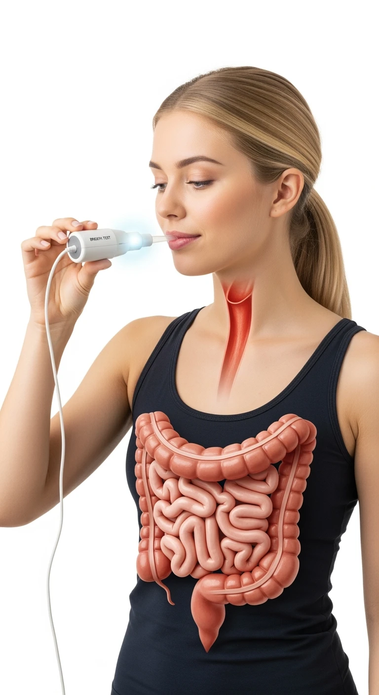donna con intestino anatomico realistico in evidenza che fa il "Breath test", iperrealistica 4k, sfondo bianco emoji