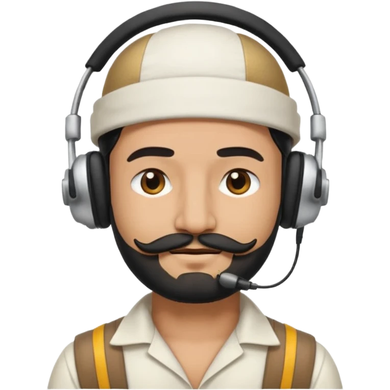 Half body man wearing white topi, lapray, black beard and moustache, headphones, eyes closed, realistic emoji style. emoji