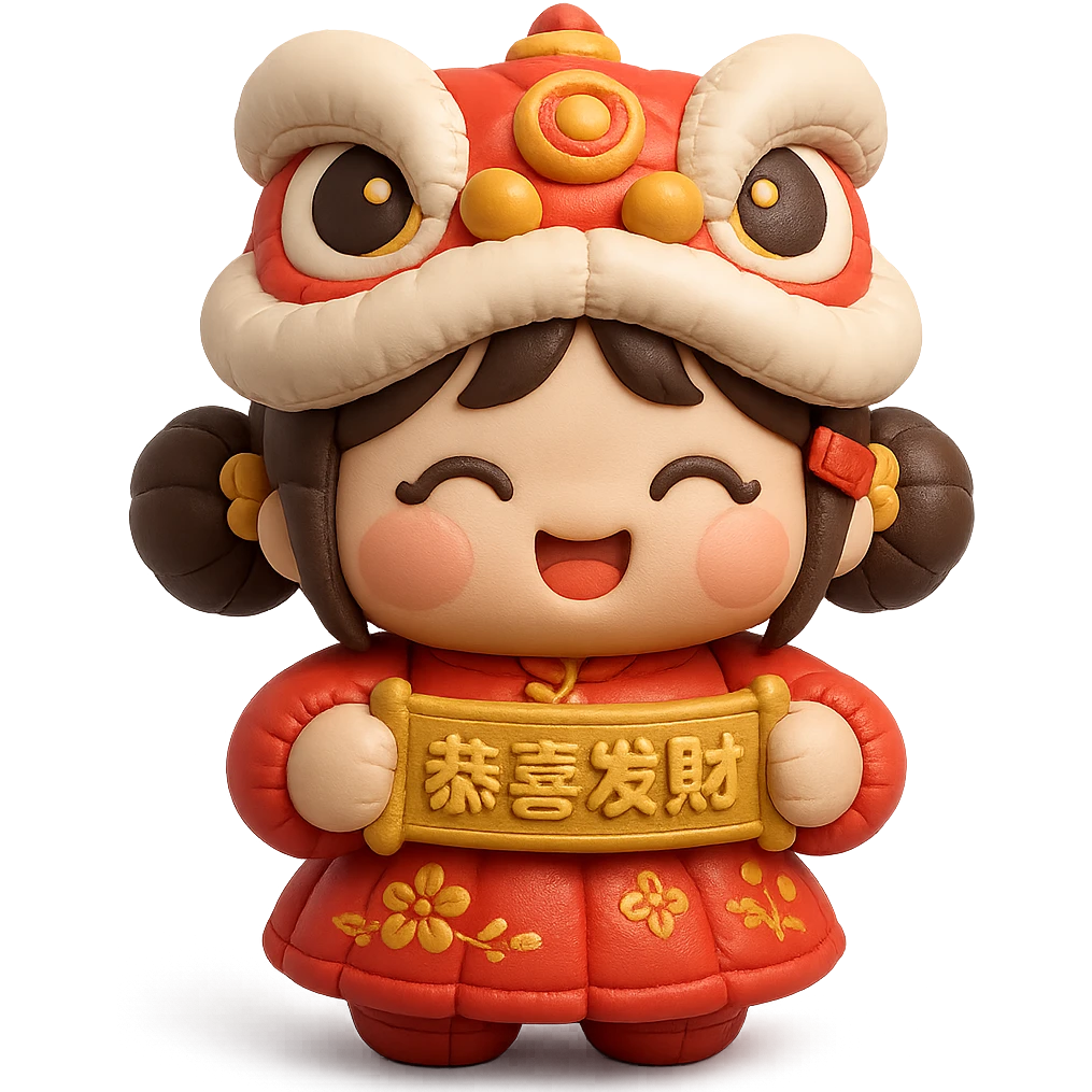 cute chibi girl in red embroidered skirt, gold hair accessories, red envelope hair clip, cartoon lion dance helmet, holding gold '恭喜发财' banner with both hands, smiling, full body, main colors red and gold, strong Chinese New Year vibe, cushion style emoji