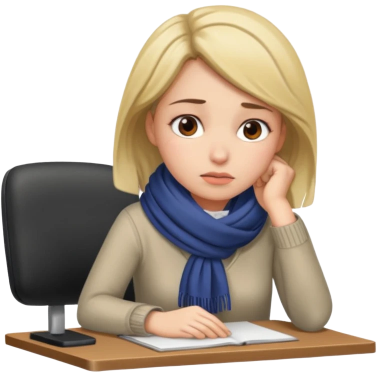 Person sitting at desk, looking tired, winter outside, woman  emoji